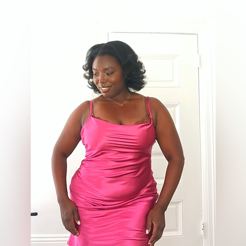 Magenta Silk Cowl Neck Evening Mini Dress in size (12) Strappy Cute Flared Hem